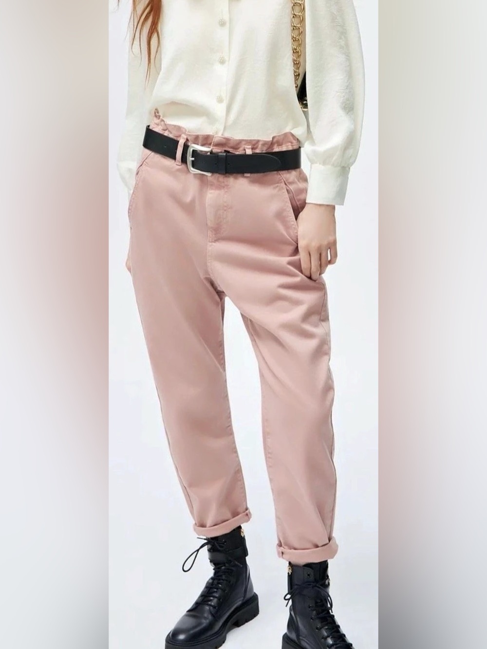 Zara Baggy Fit Paper Bag Ankle Carrot Leg Paper Bag Pink Pants 4 NWT